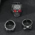 Punk vintage skull ring set with red crystal eyes and detailed retro metal band design. - Red-Eyed Skull Three-Piece Set (D23-035 B5-F2)