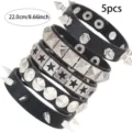 5pcs punk black leather bracelets set with metal spikes and star rivets adjustable wristband - 5-Piece Punk Style (19)