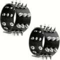 Black leather punk spiked bracelet detail shot, metal cone rivets gothic wristband jewelry. - Triple Row Metal Spike Bracelet (17)