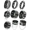 Punk black leather bracelet with skulls, stars, spikes, and chains. Adjustable unisex cuff style. - Punk Hip Hop Bracelet Set (31)