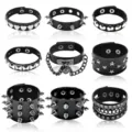 Close-up details of black leather punk bracelets with metal spikes, stars, and chains. - Cross-Border Multilayer Wristband (32)
