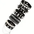 Black leather punk bracelet set with metal studs, skulls, stars and chains for men and women. - Punk Multi-Piece Set Style (21)