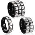 Black leather punk rivet bracelet set with stylish silver pyramid studs and metal snap closure. - Multiple Styles Of Combinations