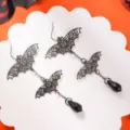 Gothic bat tassel earrings with black crystal dangles, perfect for Halloween party wear. - Double Bat Black Crystal Tassel (A23-462 A4-F3-3)