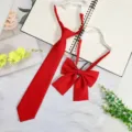 Red JK style necktie and bow set, featuring lazy free-tie design with adjustable elastic strap. - Pre-Tied Tie + Bow / 7cm / Red