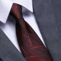 Close-up detail of a stylish men's business necktie with red abstract lines on dark fabric. - Burgundy Snowflake Zipper