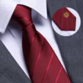 Men's red striped necktie business wedding formal suit tie with gold embroidery detail. - Burgundy Twill Round Double Happiness Zipper