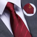Red wedding men tie detail view, classic striped necktie with golden double happiness embroidery. - Burgundy Twill Square Double Happiness Zipper
