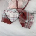 Nahaufnahme einer doppelten JK-Karoschleife mit rot-blauem Farbmuster und passenden Bändern. - Goldfisch Prinzessin Doppellagige Kragenblume