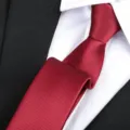 Close-up detail shot of a classic burgundy textured silk tie, perfect for business formal wear. - Fine Stripe Zipper / 6 cm Wide / Burgundy