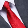 Close-up detail of a red patterned silk necktie paired with a white dress shirt and grey suit. - D01 Zipper