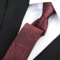 Close-up detail of a mens maroon business necktie with red abstract line pattern for formal wear. - Snowflake Zipper / 6 cm Wide / Burgundy