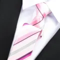 Pink and white striped mens formal necktie closeup detail showing fabric texture and design. - Stripe Hand-Tied / 6 cm Wide / Pink