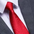 Classic red paisley patterned necktie paired with a crisp white shirt and grey suit jacket. - D05 Zipper