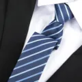 Close-up detail shot of the elegant blue diagonal striped necktie paired with crisp shirt. - A02 Zipper / 6 cm Wide / Blue