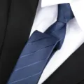 Detailed view of classic men's dark blue striped necktie closeup fabric texture. - Dark Stripe Zipper / 6 cm Wide / Blue