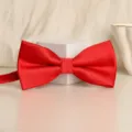 Red solid color bow tie, classic double layer design for men formal wedding suit accessories. - Bright Red Fine Stripe Bowtie