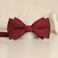 Burgundy double layer bow tie for men, elegant formal wedding neckwear variant. - Wine Red Asymmetric Vertical Stripe Bowtie