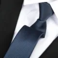 Classic men's navy blue striped necktie paired with formal white shirt for business attire. - Fine Stripe Zipper / 6 cm Wide / Navy Blue