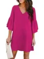Detail view of women solid V-neck layered bell sleeve loose casual mini dress pink. - Rose Red