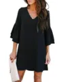 Solid color V-neck flare sleeve loose dress for women, elegant summer casual wear. - S / Black
