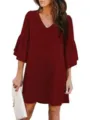 Close-up of wine red V-neck bell sleeve dress, elegant casual style fabric detail view. - S / Burgundy
