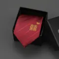 Red wedding striped necktie with golden double happiness embroidery packed in gift box - 8cm Wine Red Twill Double Happiness Manual