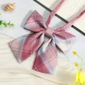 Close-up detail view of Japanese JK uniform plaid ribbon bow tie in pink and blue pattern. - JK031 Little Red Riding Hood Plaid Bow Tie