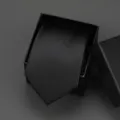 Black solid color business suit necktie presented inside a black gift box packaging. - 8cm Black Smooth Glossy Manual