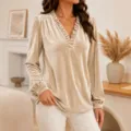 Blouse élégante à manches longues et col V en velours beige pour femme haut décontracté. - Abricot