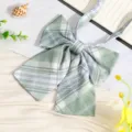 Green plaid JK bow tie detail shot, Japanese style school uniform ribbon accessory for shirt. - JK054 Cedar Plaid Bow Tie