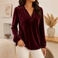 Femme Élégante Velours Manches Longues Col V Blouse Mode Casual Bordeaux Top Chic - Bordeaux