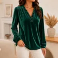 Blouse Femme Manches Longues Col V en Velours Haut Élégant Vert pour le Quotidien - Vert