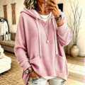 Sweat à capuche rose en tricot gaufré pour femme, sweat-shirt décontracté à manches longues. - S / Rose