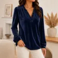Blouse élégante en velours bleu foncé à manches longues et col en V pour femmes mode. - Bleu marine