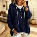 Dark blue waffle knit loose hoodie, casual long sleeve pullover with front pocket. - Navy Blue