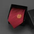 Red striped wedding tie with gold double happiness embroidery in black gift box for men. - 8cm Wine Red Twill Round Happiness Manual