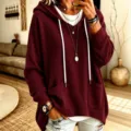 Waffle knit loose long sleeve casual hooded sweatshirt in burgundy for women variant - Burgundy