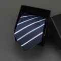 Men's business striped necktie in elegant black gift box, classic blue formal suit accessory. - 8cm Blue White Stripe Manual