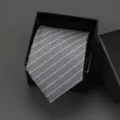 Men's business striped necktie packaged in a black gift box, ideal for formal wear and weddings. - 8cm Gray Frosted White Stripe Manual