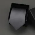 Dark grey striped formal business necktie for men, elegantly packaged in a black gift box. - 8cm Dark Gray Fine Grain Manual