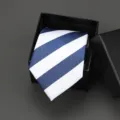 Blue and white striped necktie variant with black gift box for formal business and wedding wear - 8cm L002 Blue White Wide Stripe Manual