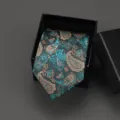 Classic paisley necktie in teal and brown, neatly presented in a black gift box for formal wear. - 8cm Blue and White Porcelain Zipper