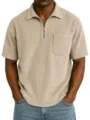 Corduroy short sleeve zip polo shirt detail, classic lapel collar, functional chest pocket. - Khaki