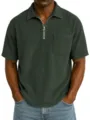 Dark green corduroy short sleeve zip polo shirt, textured fabric casual detail view. - Dark Green