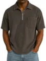 Men's solid color corduroy short sleeve zip polo shirt casual top with chest pocket. - Brown