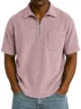 Men short sleeve corduroy zip polo shirt casual loose summer daily top fashion apparel - Pink