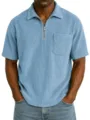 Homme Bleu Clair Velours Cotes Manches Courtes Zip Polo Chemise Ete Haut Casual Top. - S / Bleu
