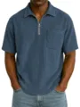 Men's solid color corduroy short sleeve zip polo shirt casual top with front pocket design. - Dark Blue