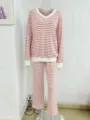 Casual pink and white striped v-neck long sleeve top and straight pants pajama set. - As Shown
